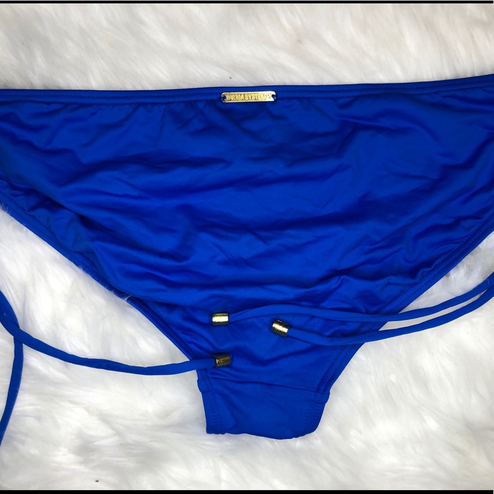 Swim systems collection bikini bottom in dark blue gold beads on ruched strings